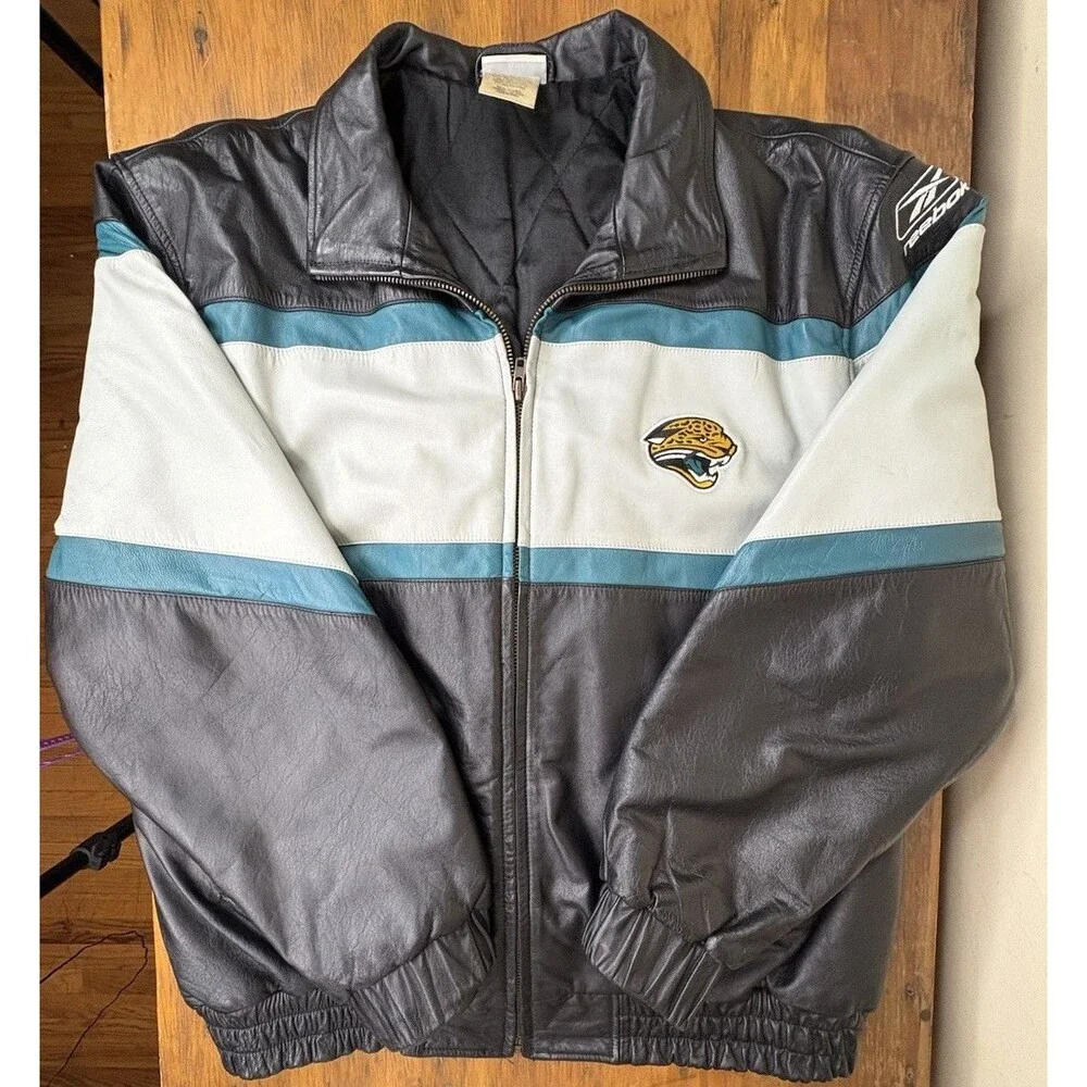 Vtg. 90s Reebok NFL Jacksonville Jaguars Large Leather Bomber Jacket Zip Boxy
